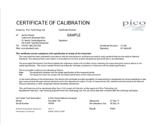 Calibration certificate and data for PicoVNA - RF Test Indonesia